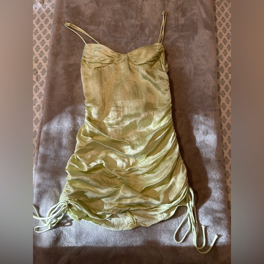 Zara satin green rouche mini dress